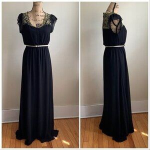 Zeze black dress with gold embroidery neckline size M long maxi